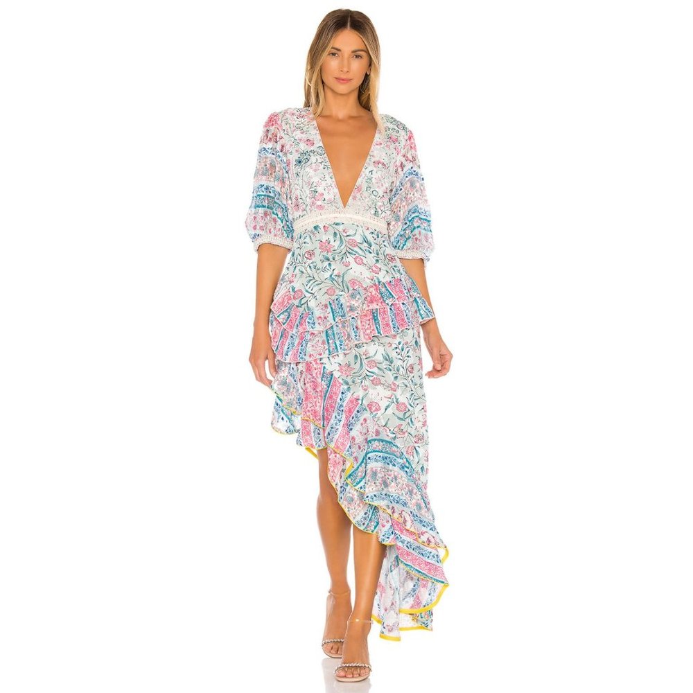 Hemant and Nandita Floral Ruffled Asymmetric Midi Dress in White, Pink, Blue